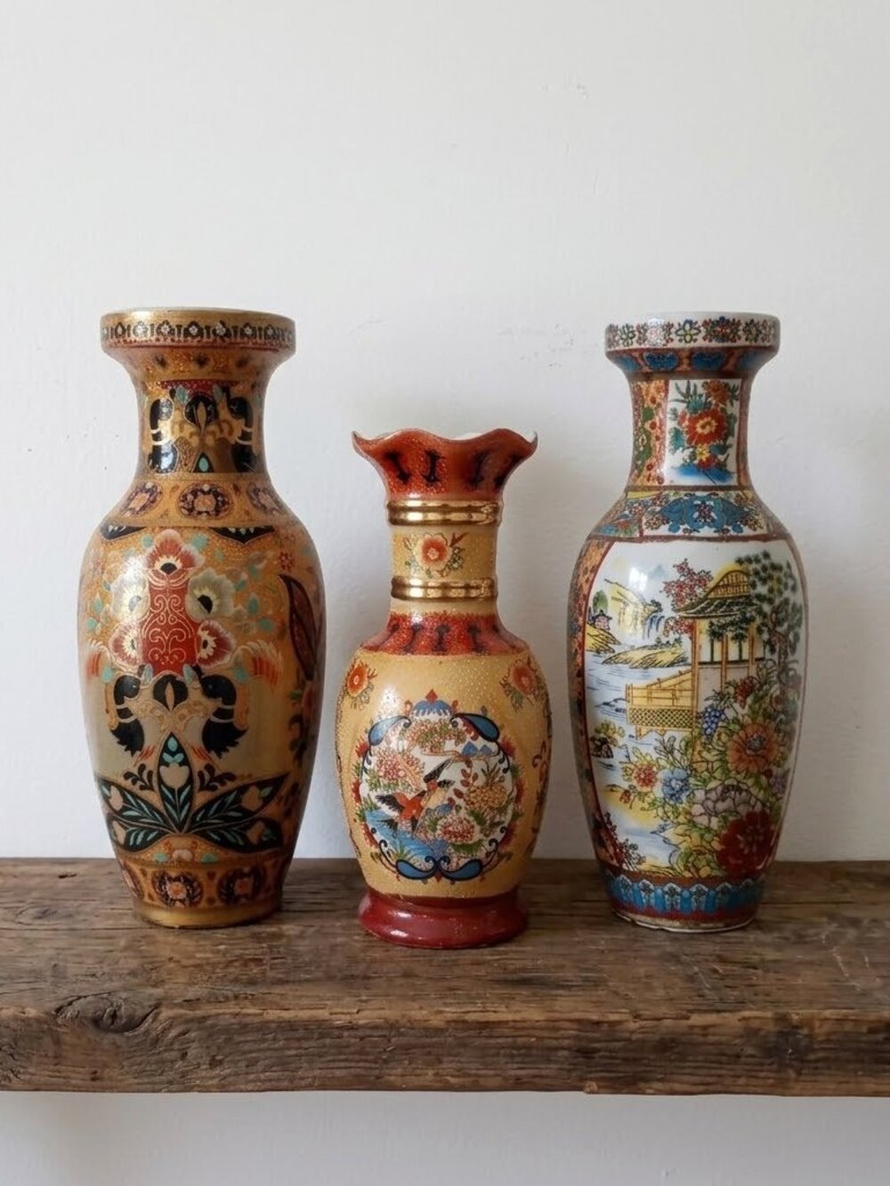 Vintage Set of 3 Oriental Ceramic Vases Hand Painted Chinoiserie Asian Chinese